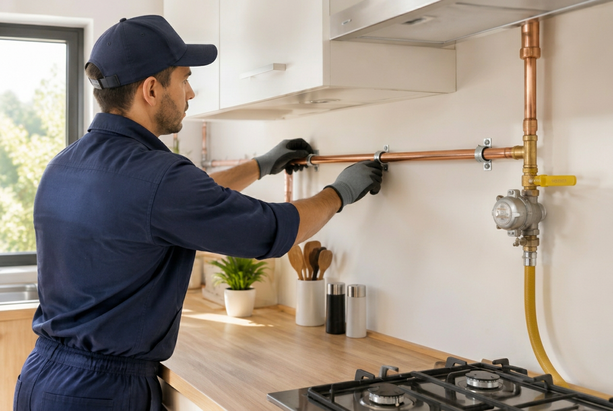 Technician fitting a copper LPG gas pipeline in a kitchen